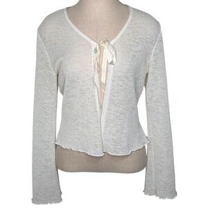 Y2K Studio 1940 size M White Sheer Knit Tie Front Cardigan Sweater Lettuce Trim